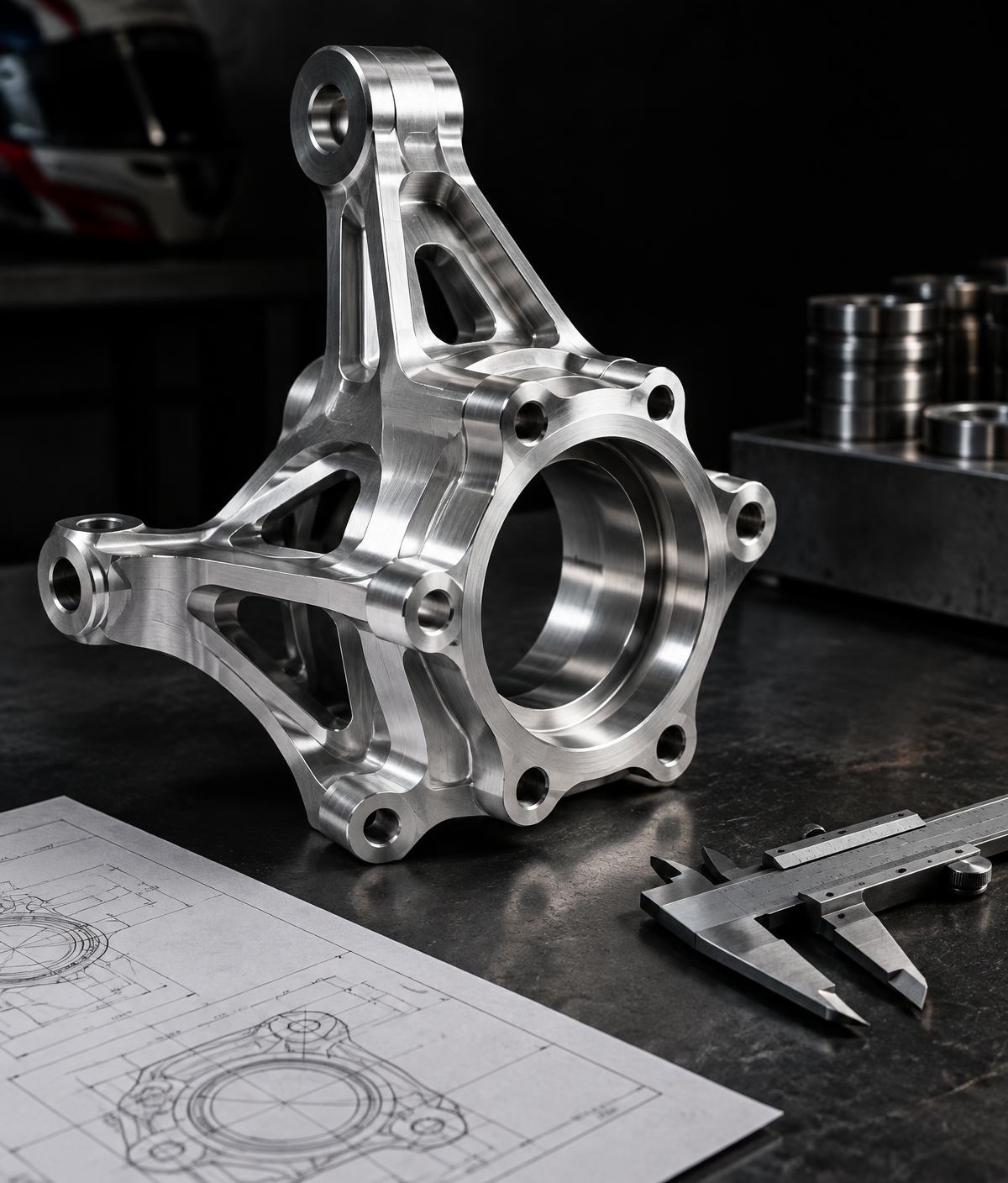 Machined aluminium motorsport upright on a dark workbench beside a micrometer and technical drawing