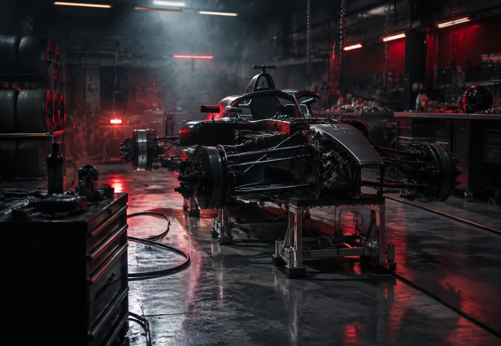 Race car chassis on stands inside a dark motorsport workshop lit with red light