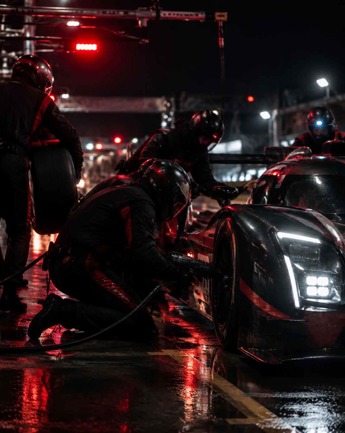 Pit crew changing a wheel during a night-time pit stop