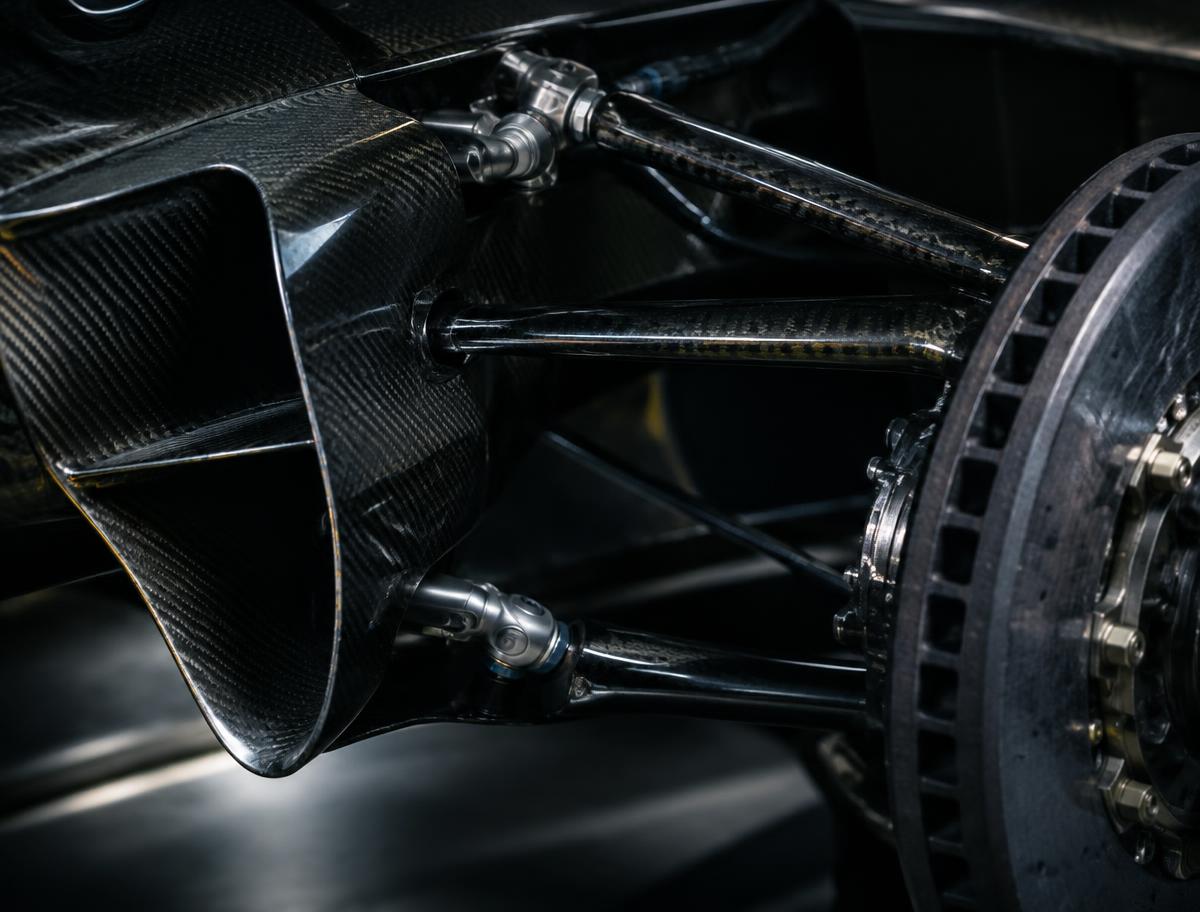 Close-up of a race car suspension wishbone and brake duct