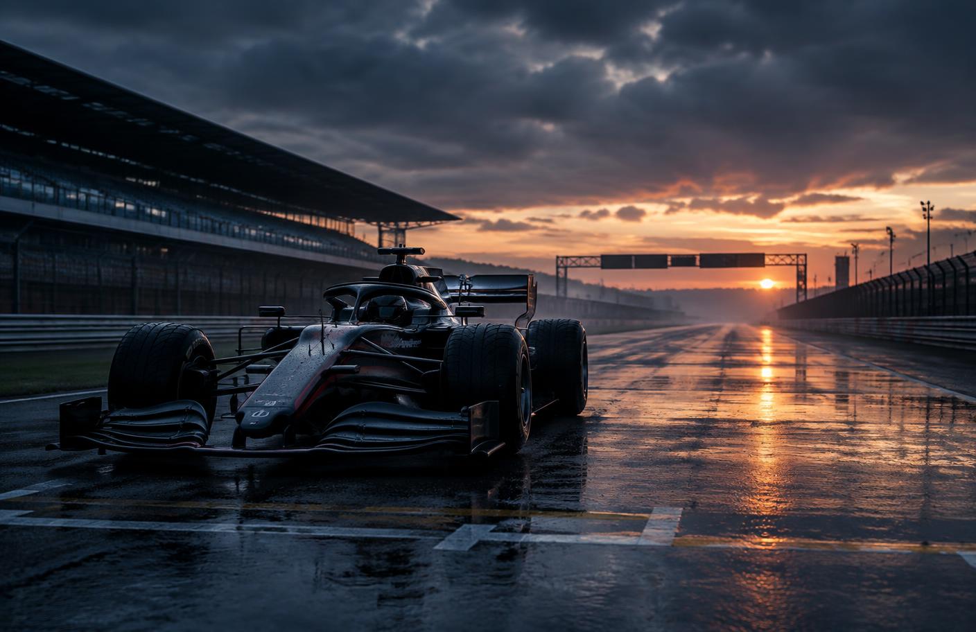 Single seater race car on a wet grid at sunrise