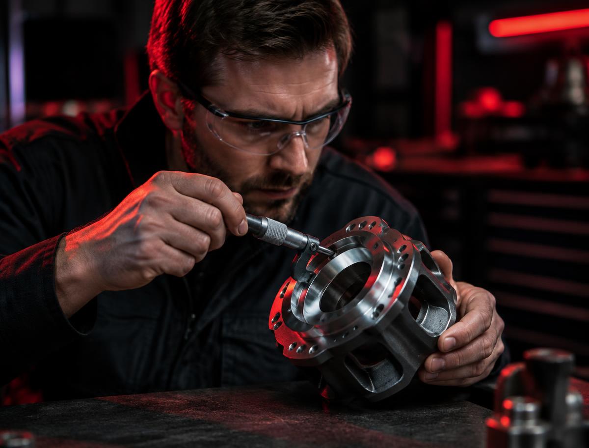 Engineer measuring a machined component with a micrometer