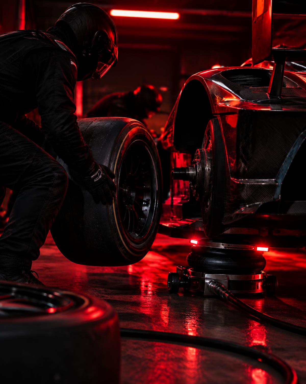 Race car raised on an air jack while a tyre is changed