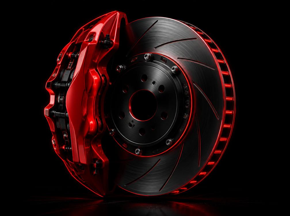 Red racing brake caliper fitted to a grooved brake disc