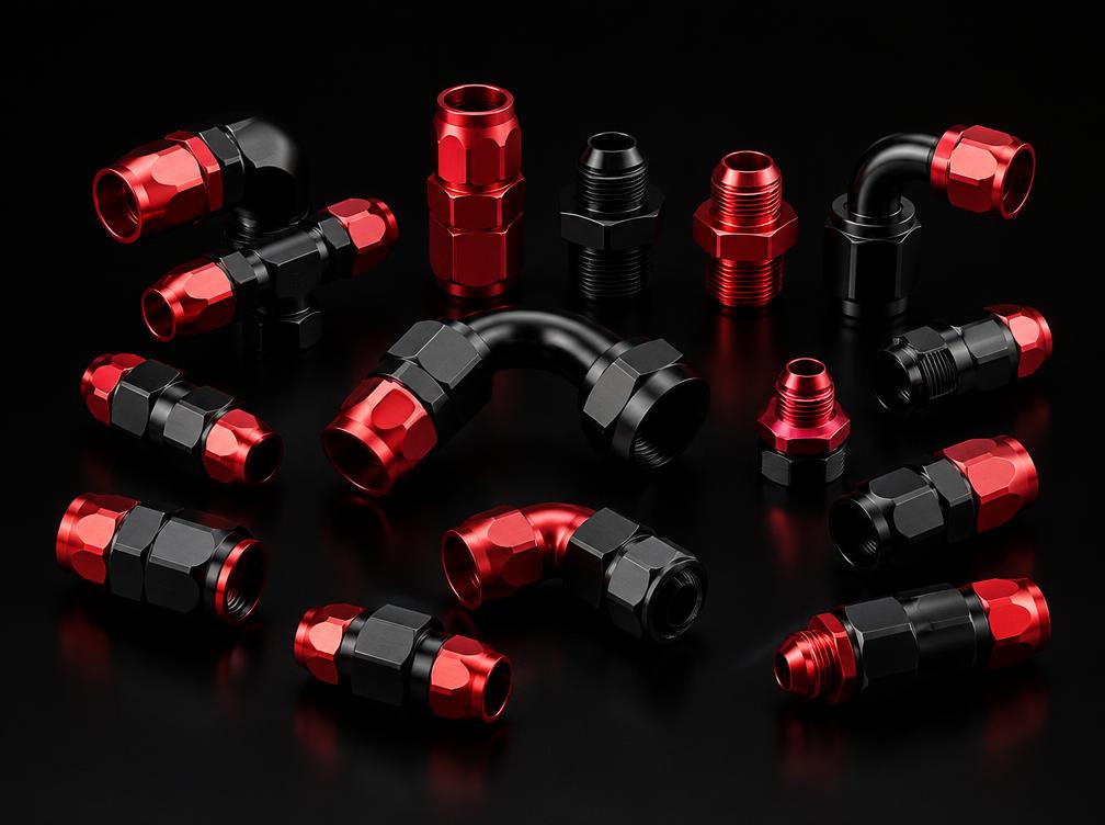 Red and black anodised aluminium fittings and adaptors laid out on black